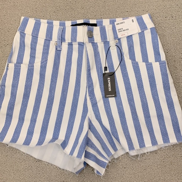 Express Blue and White Striped Shortie Super High Rise Mom Shorts- NWT- 6 - Picture 3 of 15